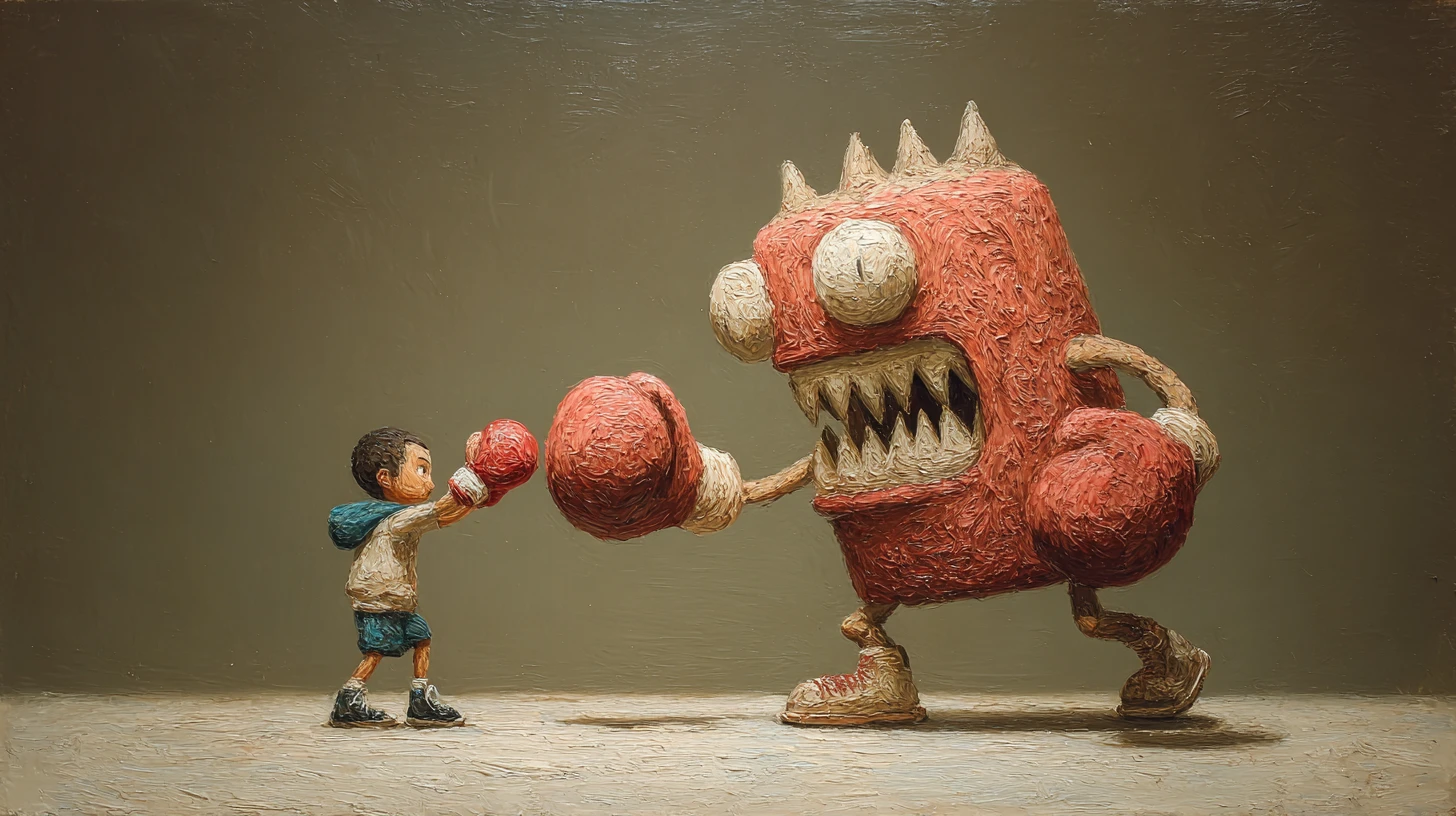 Boy facing a small boxer in a dramatic fantasy duel