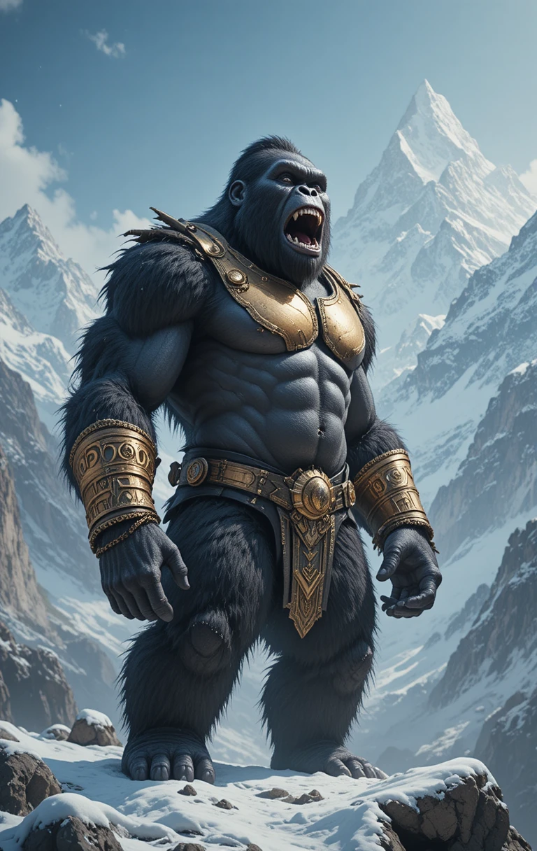 Gepanzerter Gorillakriegerr vor schneebedeckten Berggipfeln