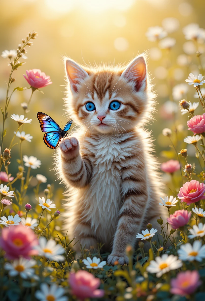 Gatito juguetón mirando una mariposa colorida entre flores silvestres