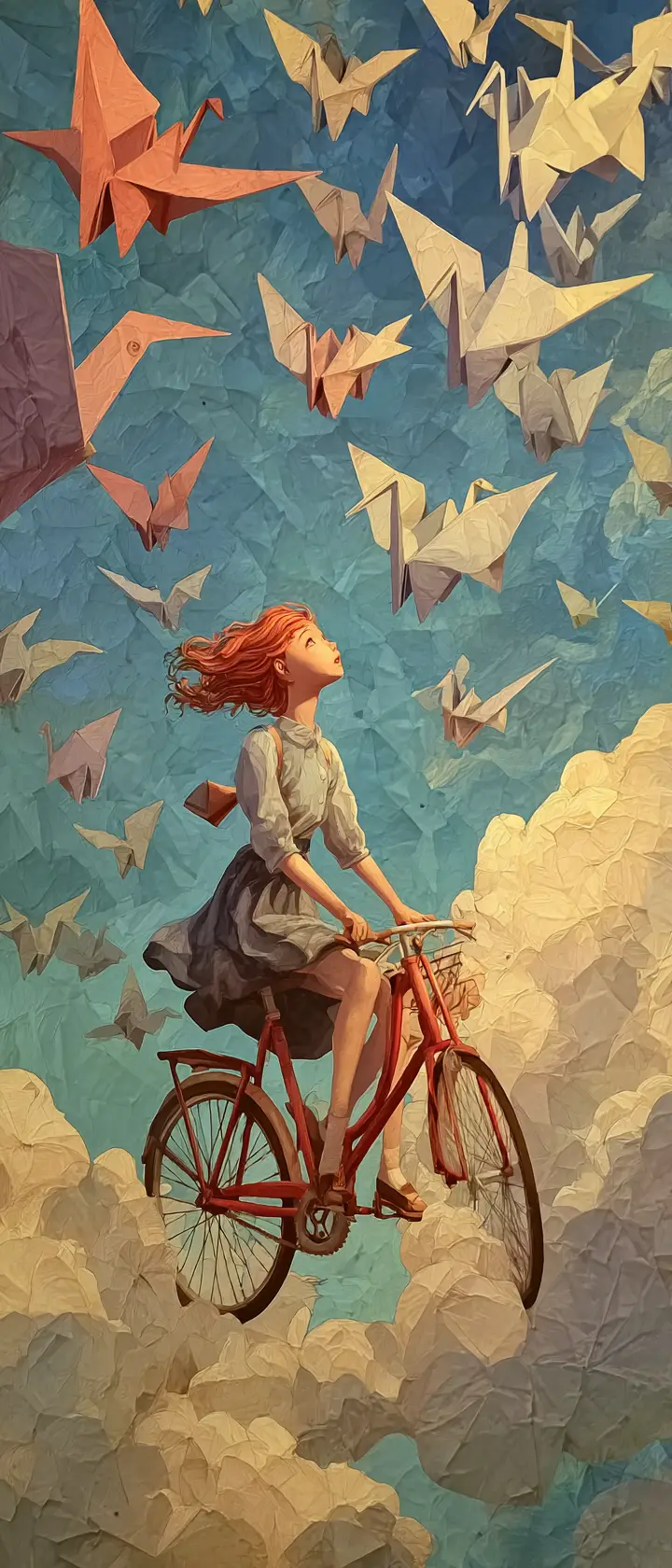 Giovane ragazza in bicicletta attraverso un cielo surreale di origami