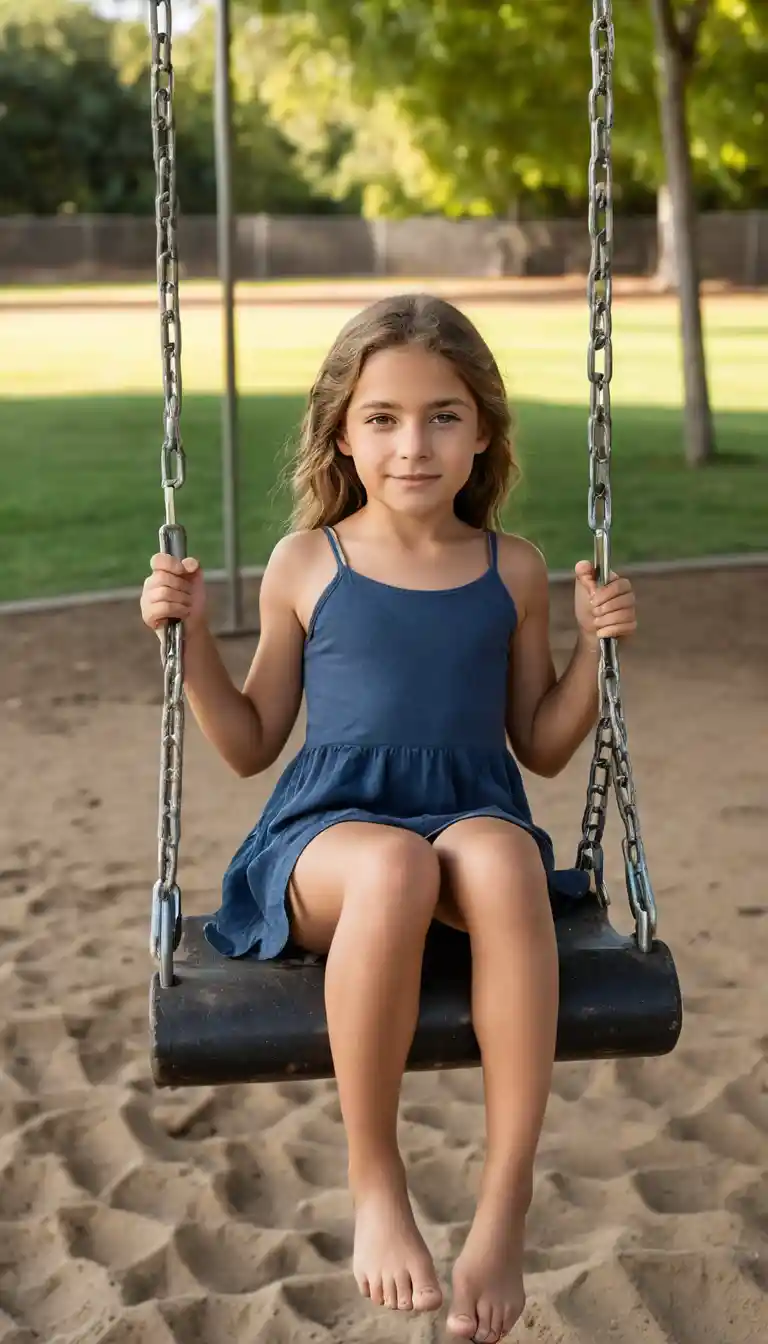 Young girl sitting on a swing in a sunny playground