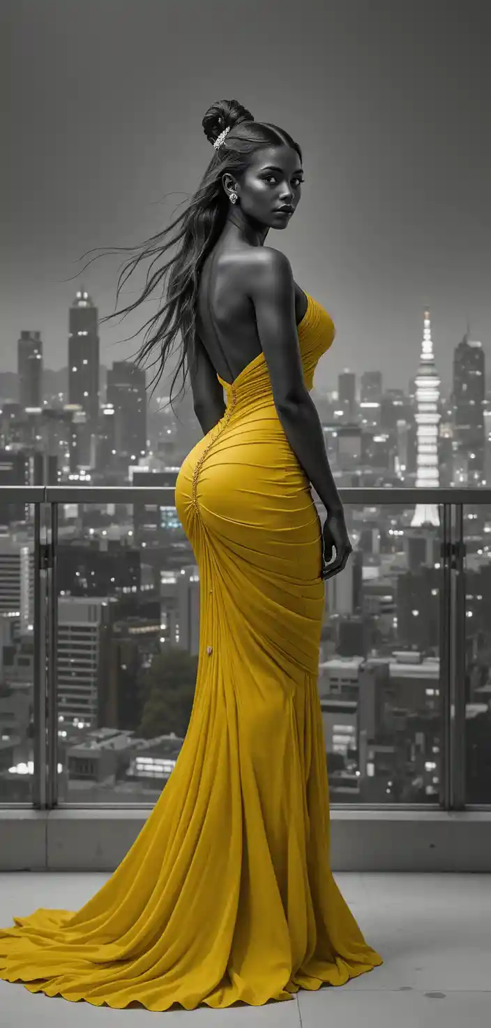 Donna bionda in abito giallo sopra lo skyline di Seul