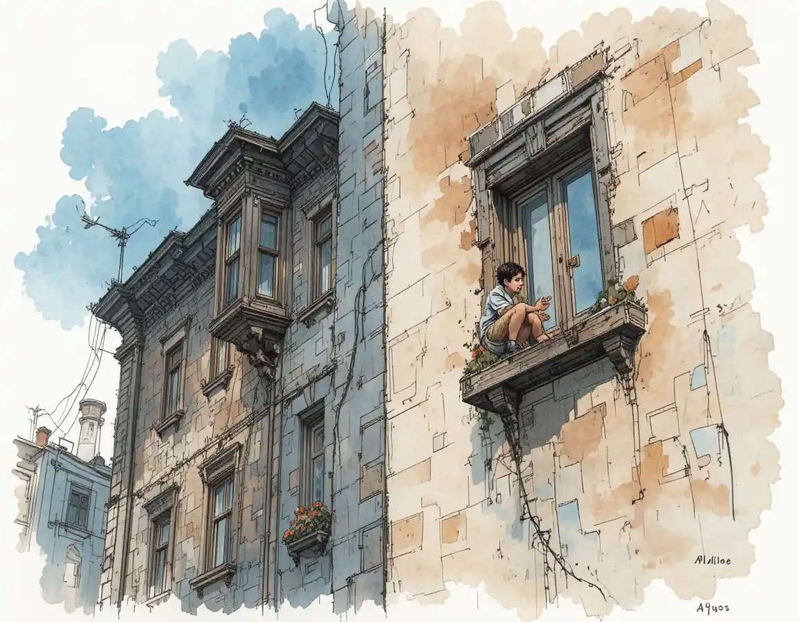 Woman standing on a narrow ledge outside a city building