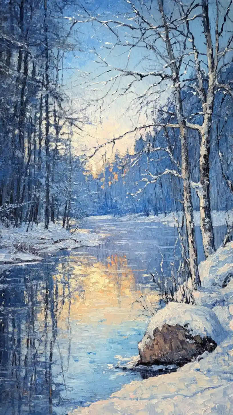 Friedlicher Winterfluss mit schneebedeckten Bäumen und Himmelsreflexion