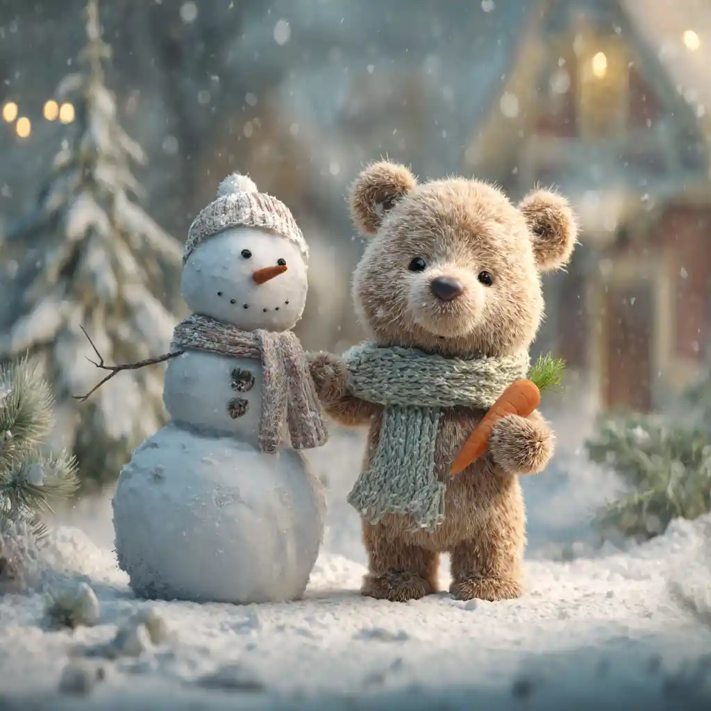 Dolce cucciolo di orso che ruba il naso di carota di un pupazzo di neve