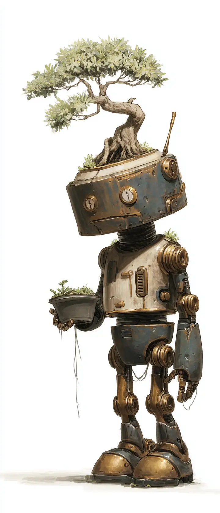 Robot en laiton anxieux prenant soin d’un bonsaï