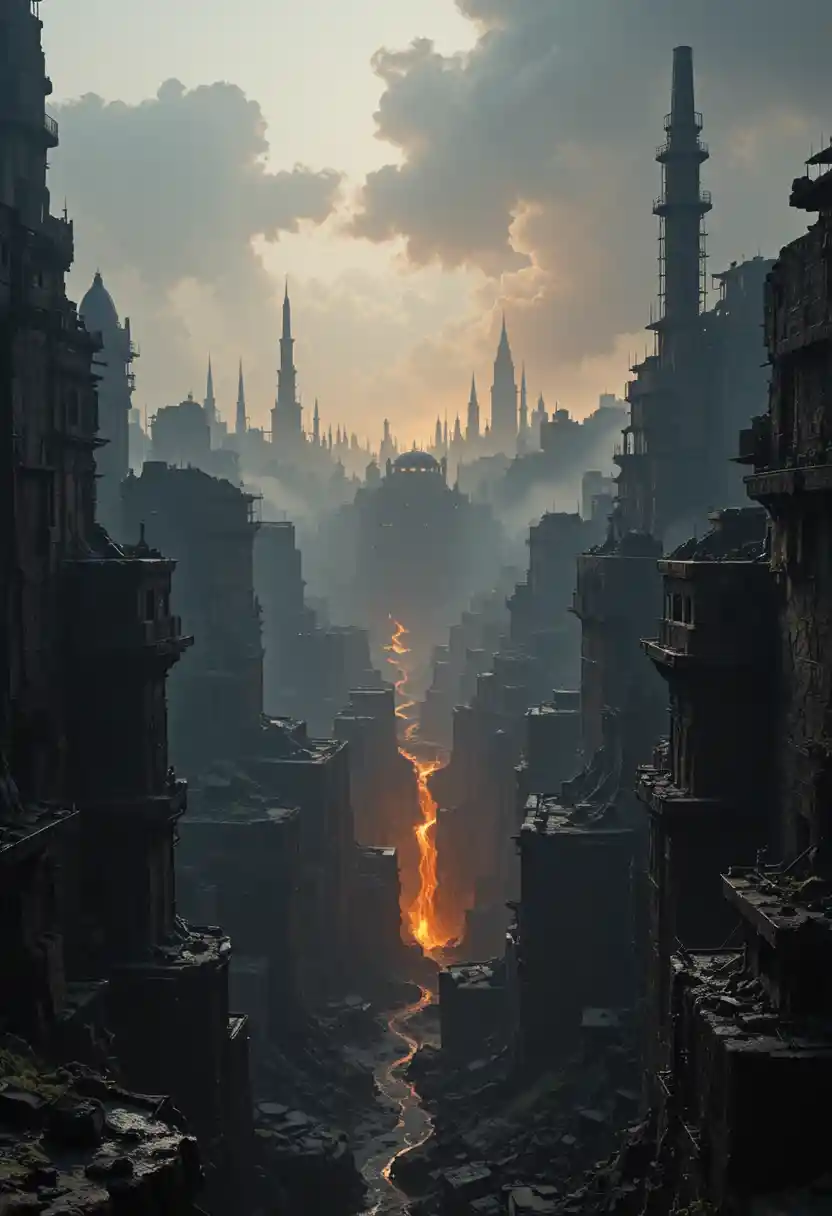 Colossale ville dystopique au-dessus d’un gouffre volcanique incandescent