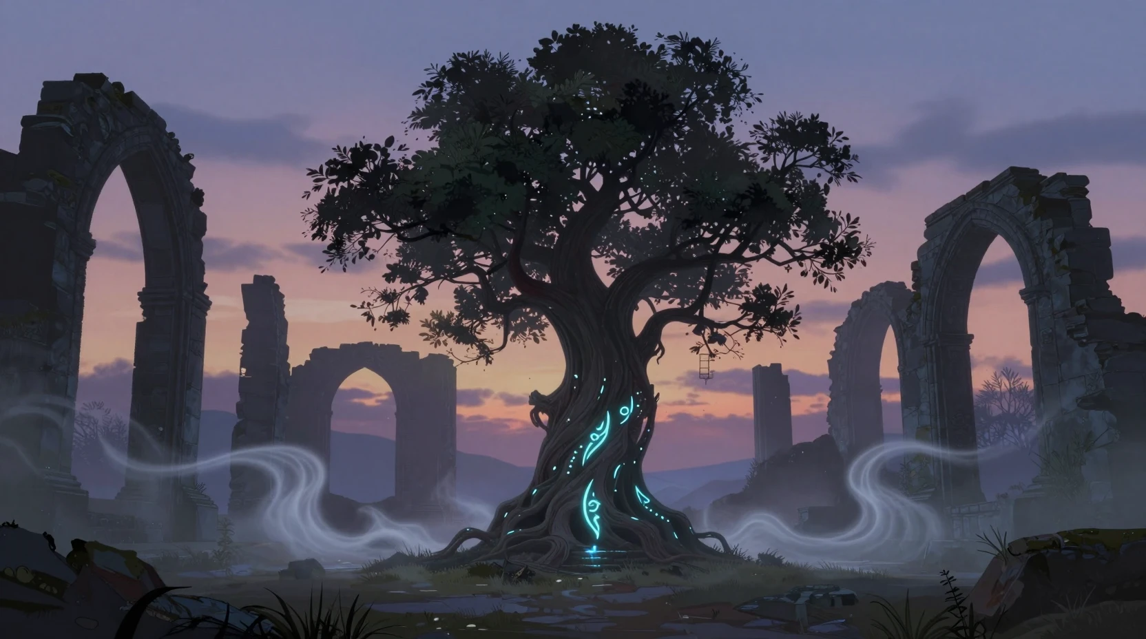 Ancient ruins and glowing tree beneath a mysterious twilight sky