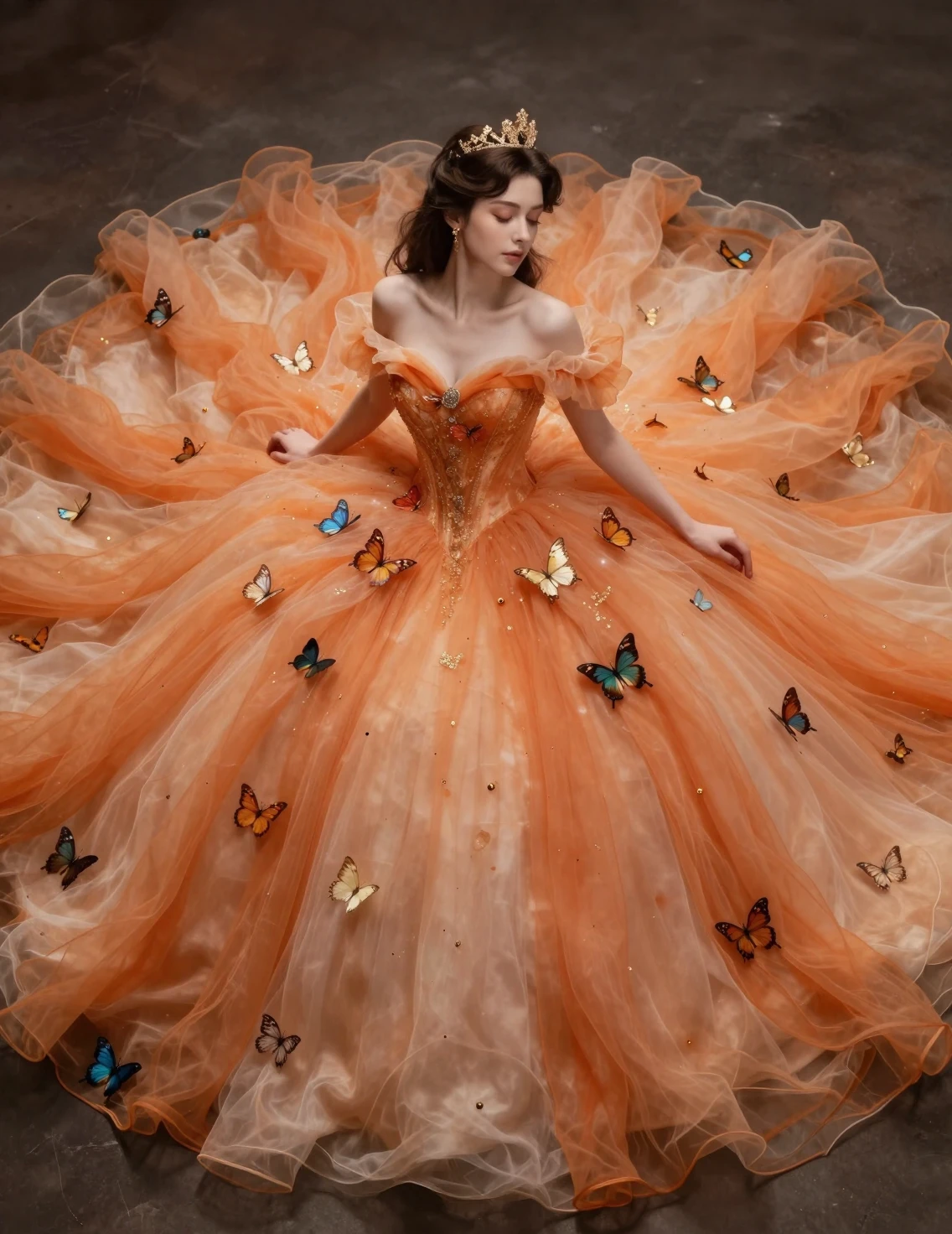 Prinzessin im orangefarbenen Schmetterlings-Ballkleid mit romantischen Details