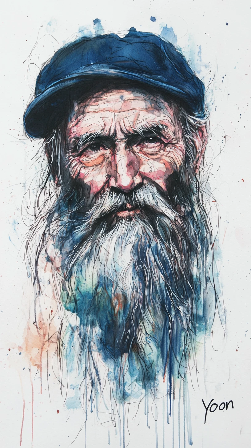 Idoso barbudo em retrato caótico de tinta e aquarela