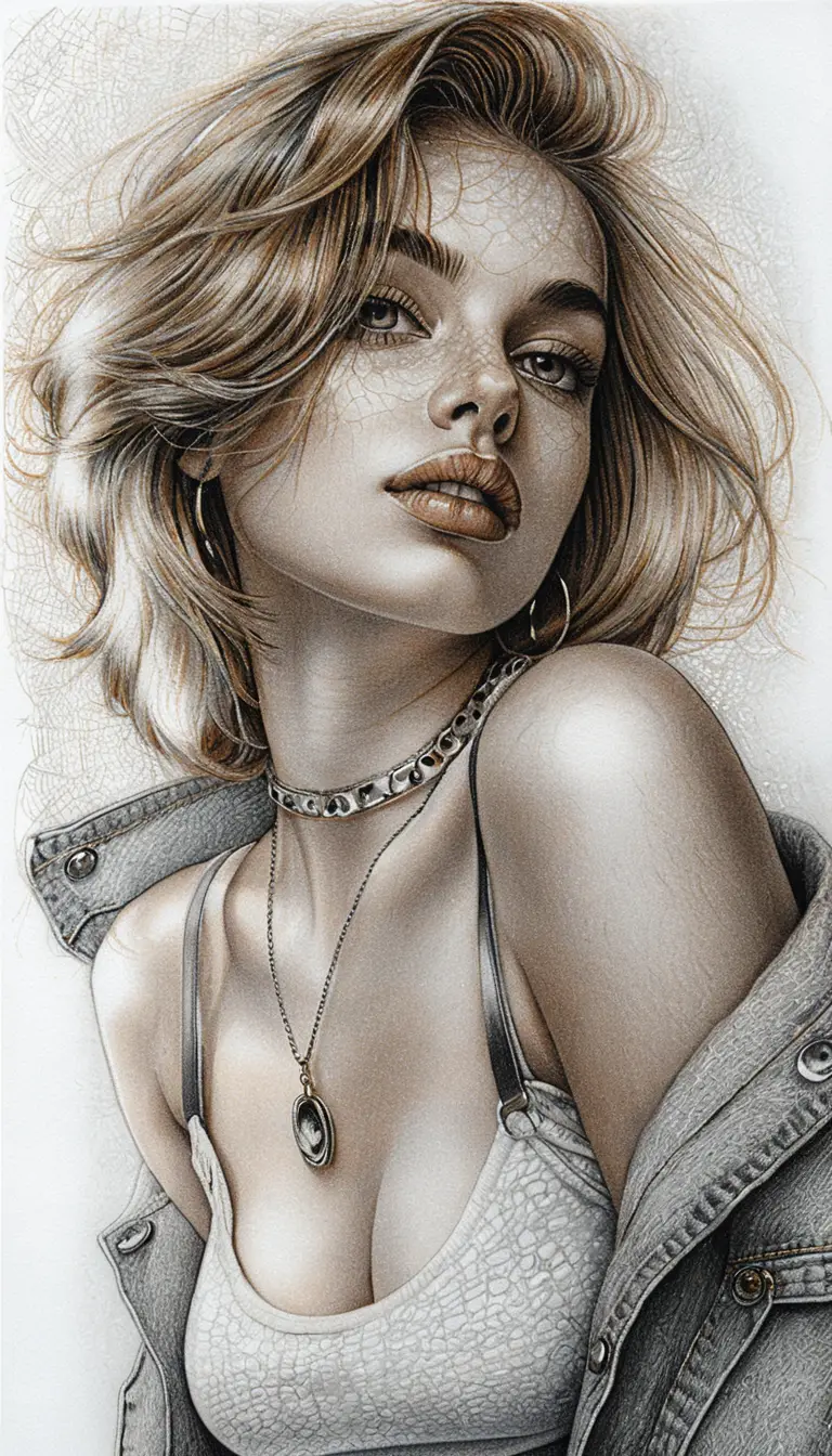 Sensual graphite portrait of a young woman in denim and choker