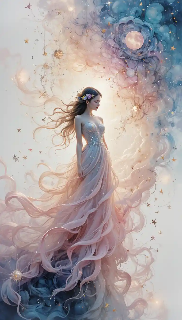 Whimsical girl dreaming in a flowing starry nightscape