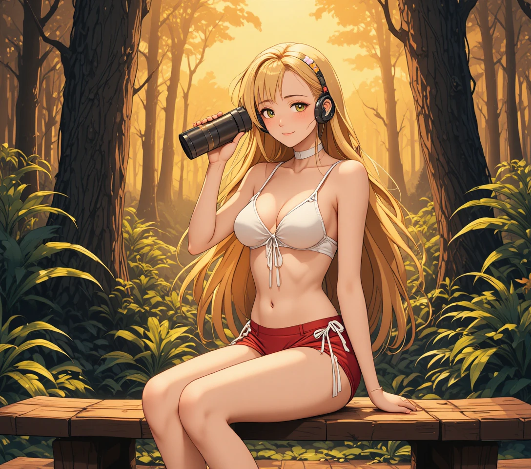 Garota loira de anime tímida de biquíni sentada em banco de madeira