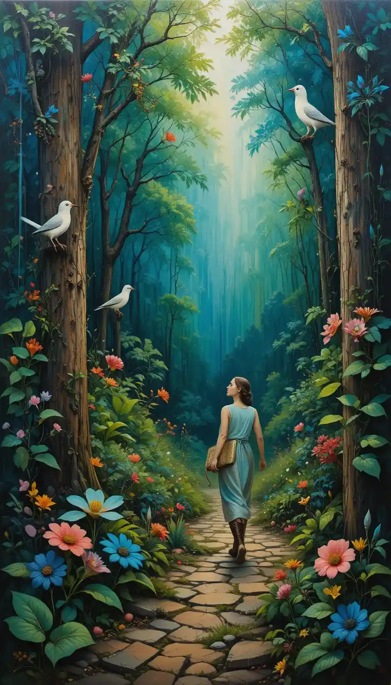 Mujer caminando por un bosque verde en pintura de técnica mixta