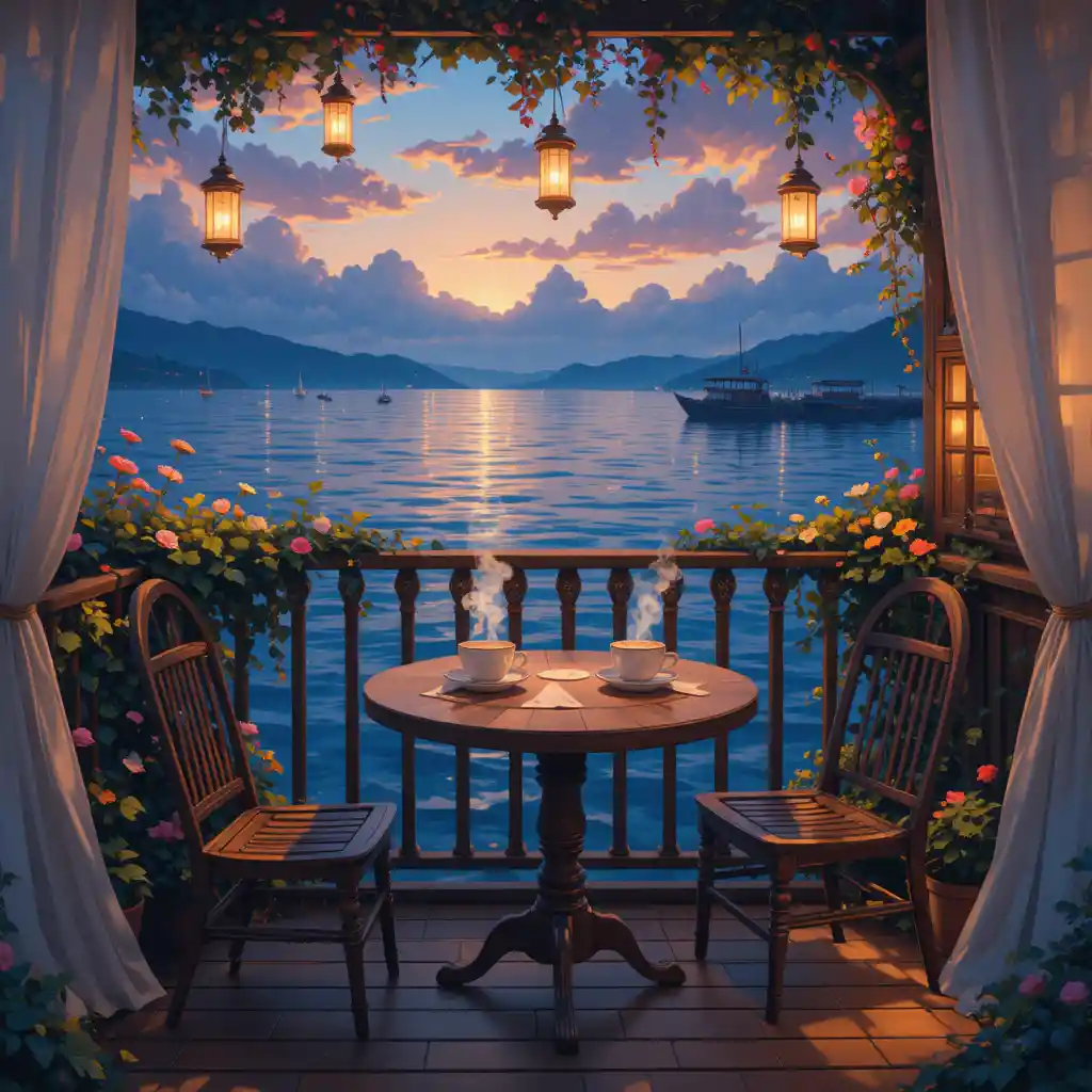 Cozy seaside cafe balcony with glowing evening lights
