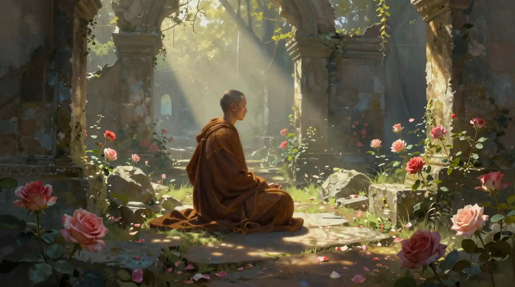 Solitary monk meditating in ancient ruins with glowing roses