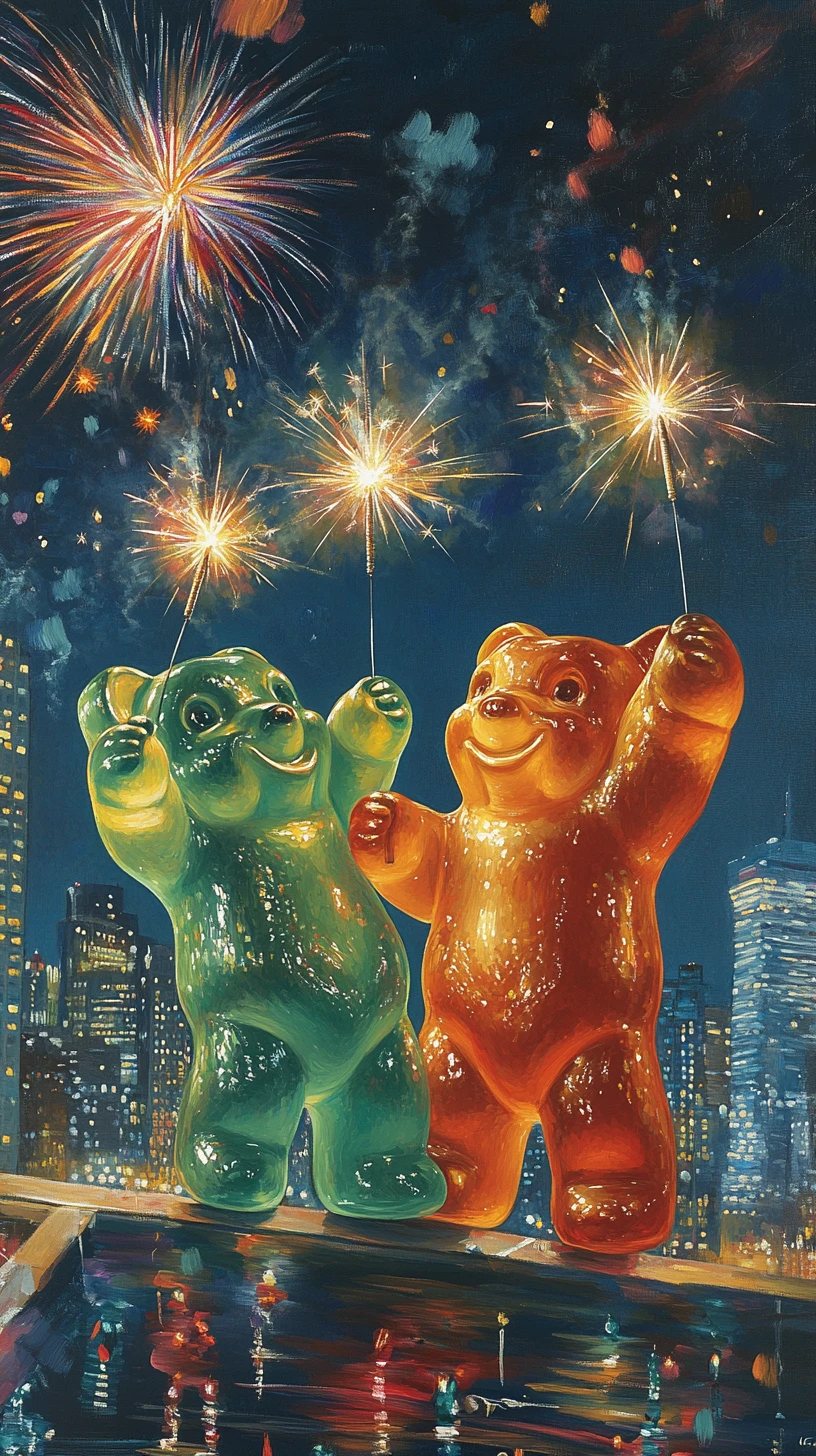 Oursons en gélatine joyeux dansant avec des cierges magiques dans la nuit urbaine