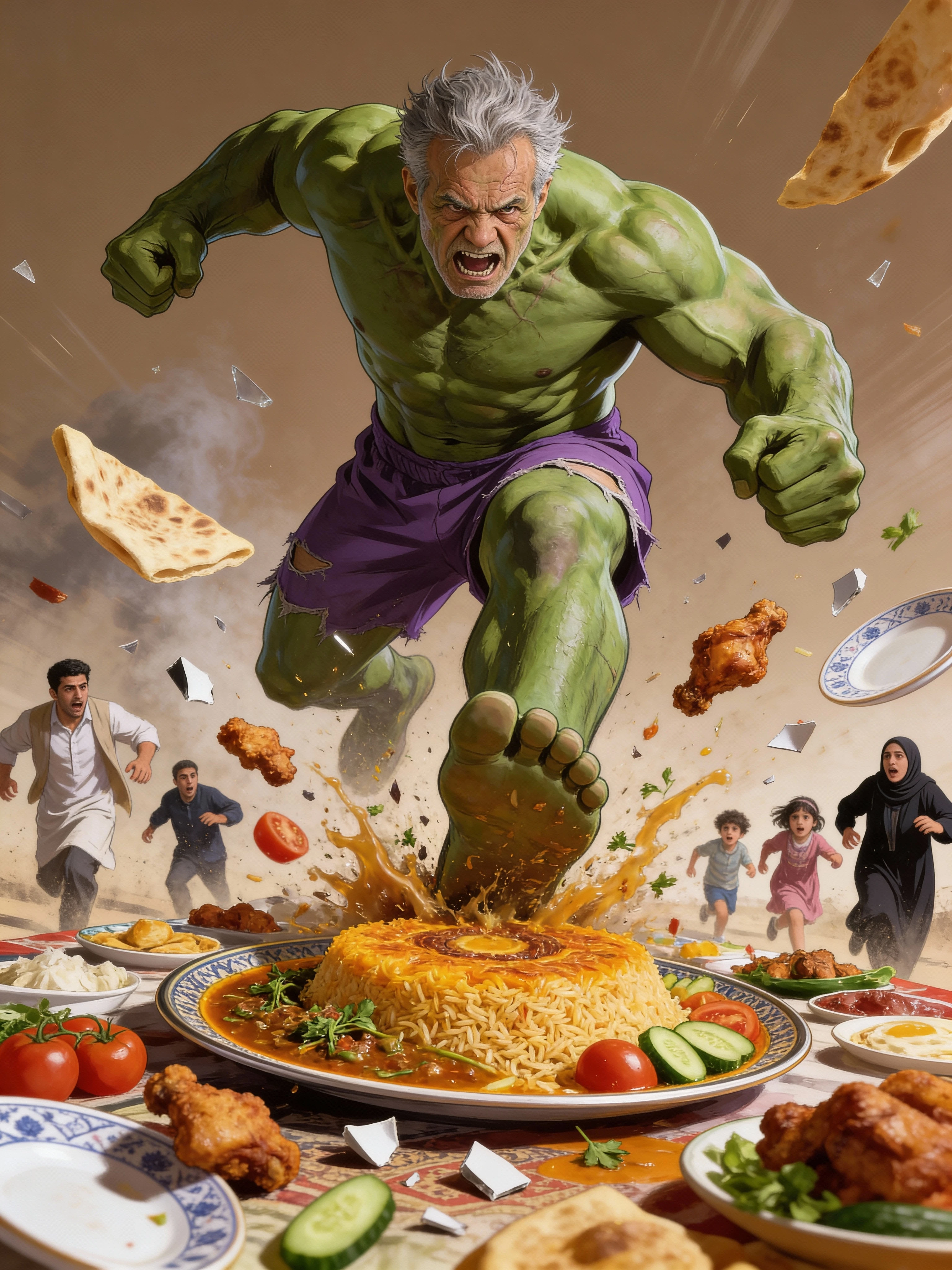 Gigante uomo verde che calpesta un picnic di famiglia iraniana