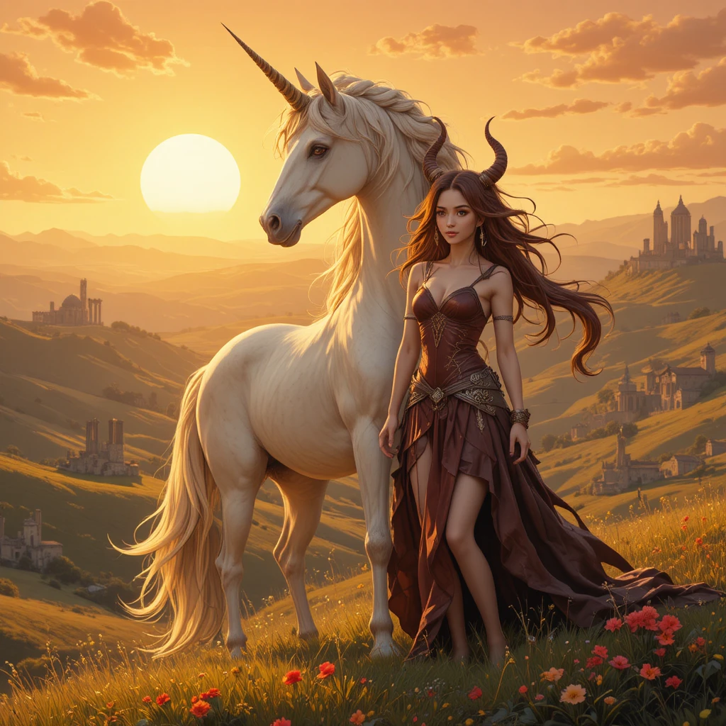 Unicorno Che Protegge Una Ragazza Demone Sfidante al Tramonto