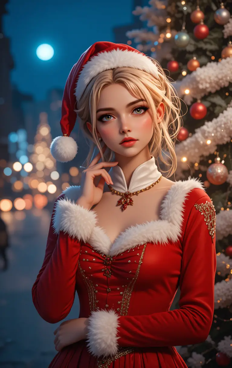 Festive woman in red Santa outfit beside glowing tree