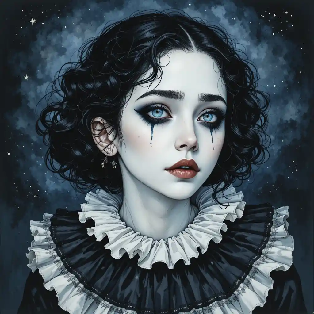 Melancholic pierrot clown under a deep starry night sky