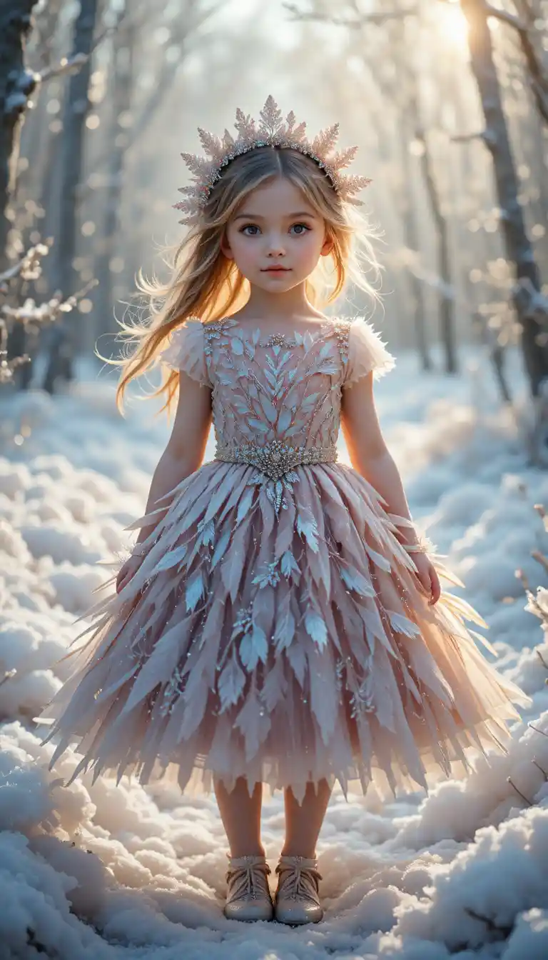 Cute little girl in frost feather dress in icy forest