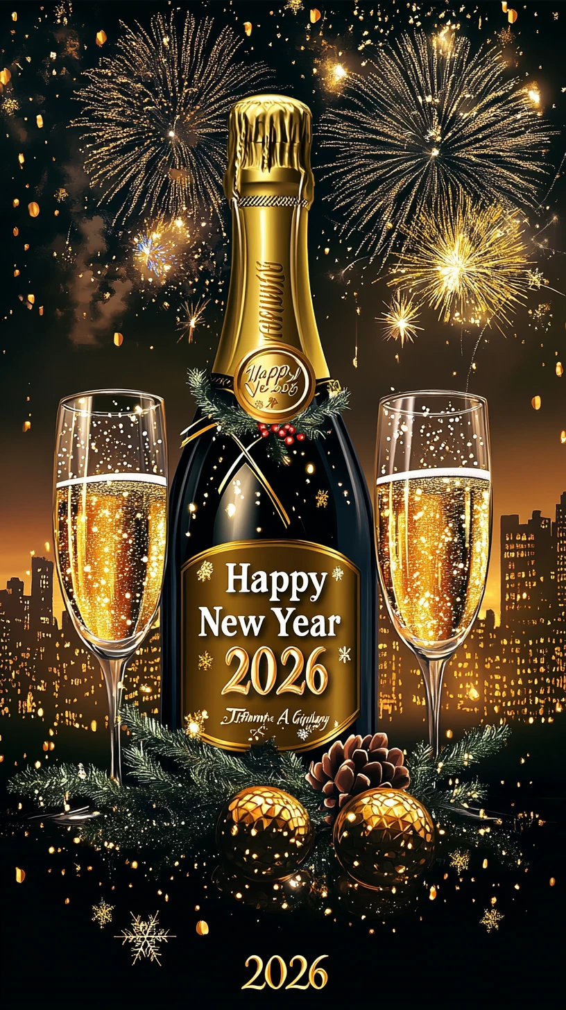 Champagnerflasche mit Happy New Year 2026 Etikett und Gläsern