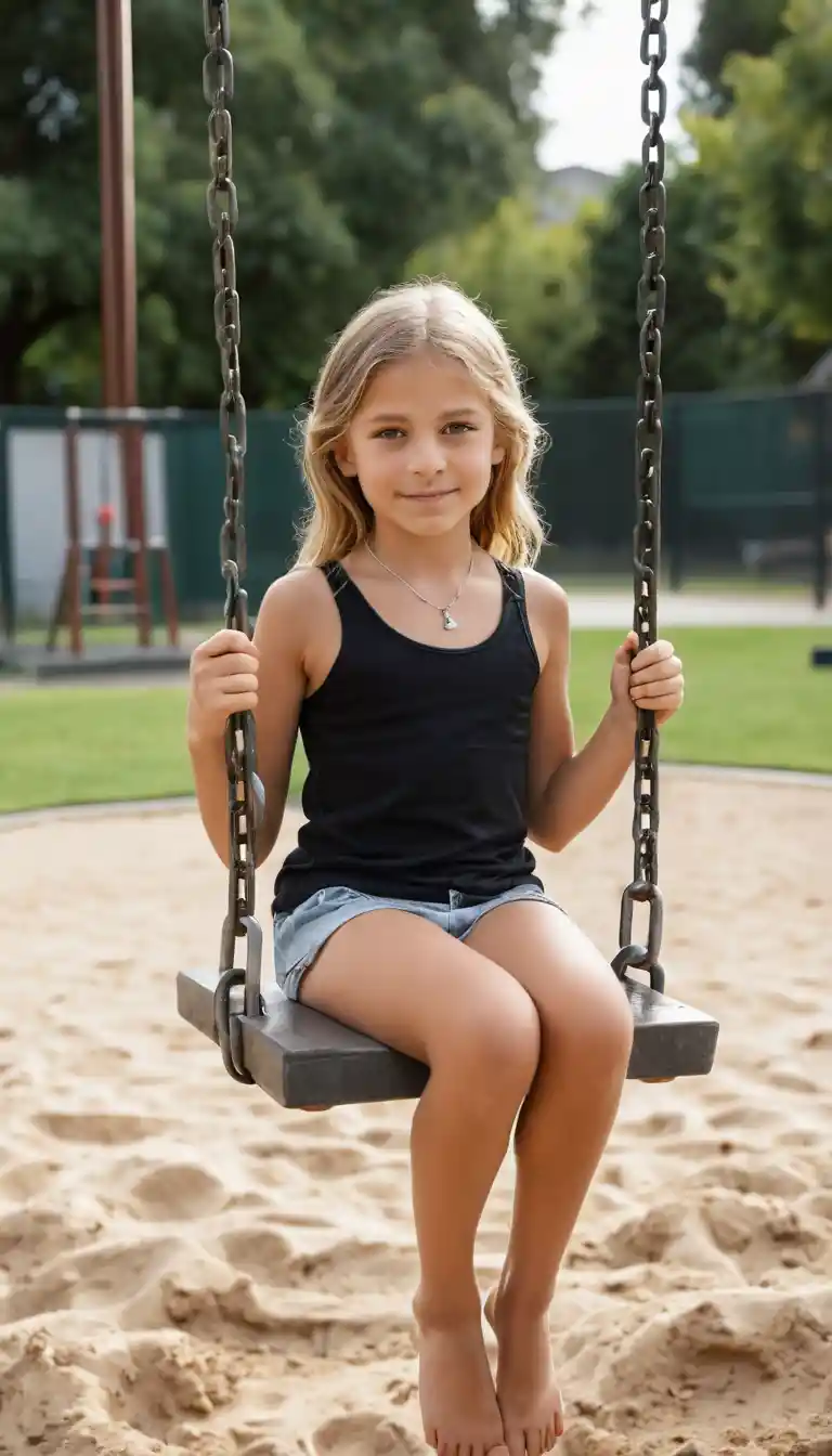 Young girl on a playground swing at golden hour