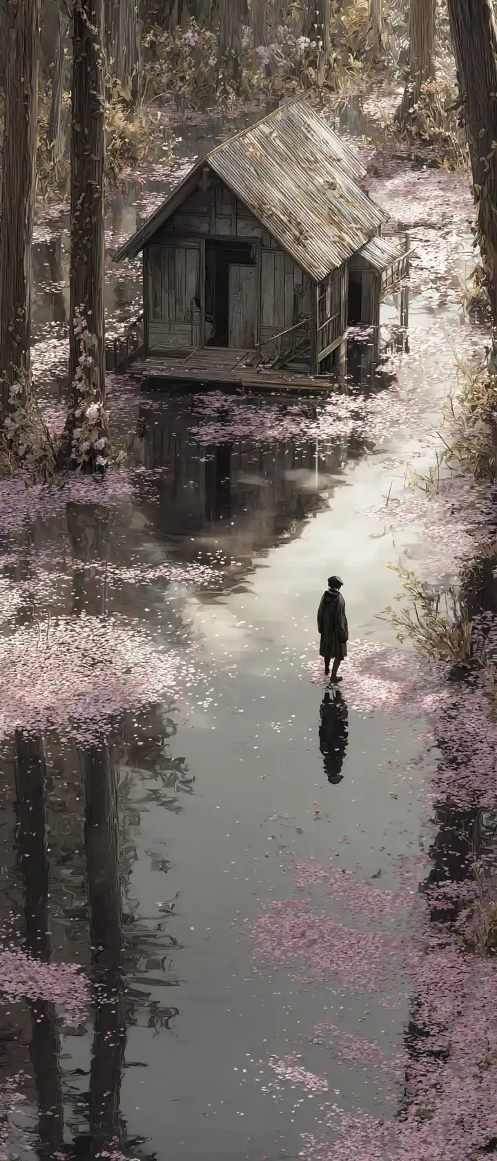 Lone figure at the edge of a flooded forest clearing