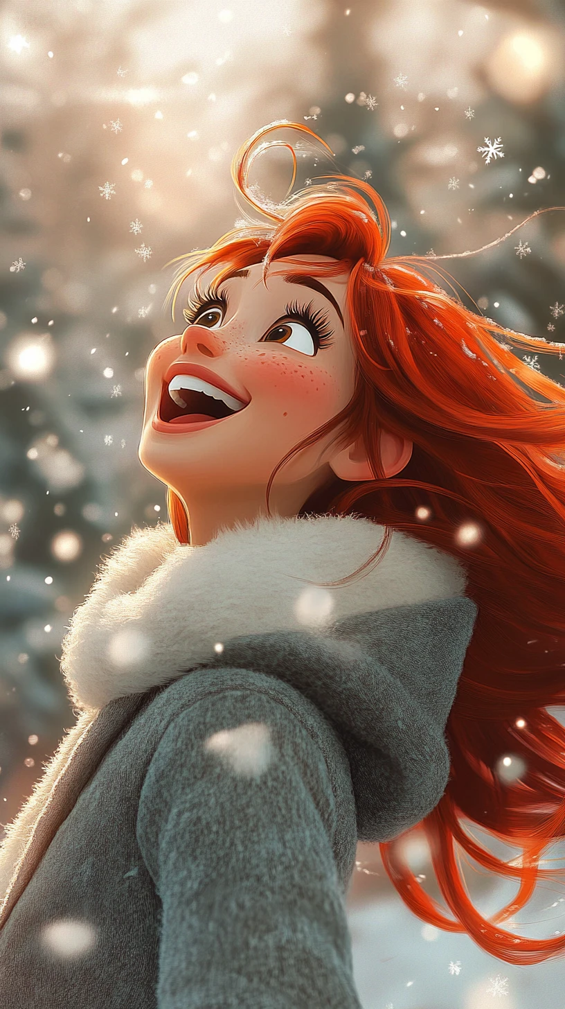 Jeune fille rousse qui rit dans la neige avec un manteau douillet