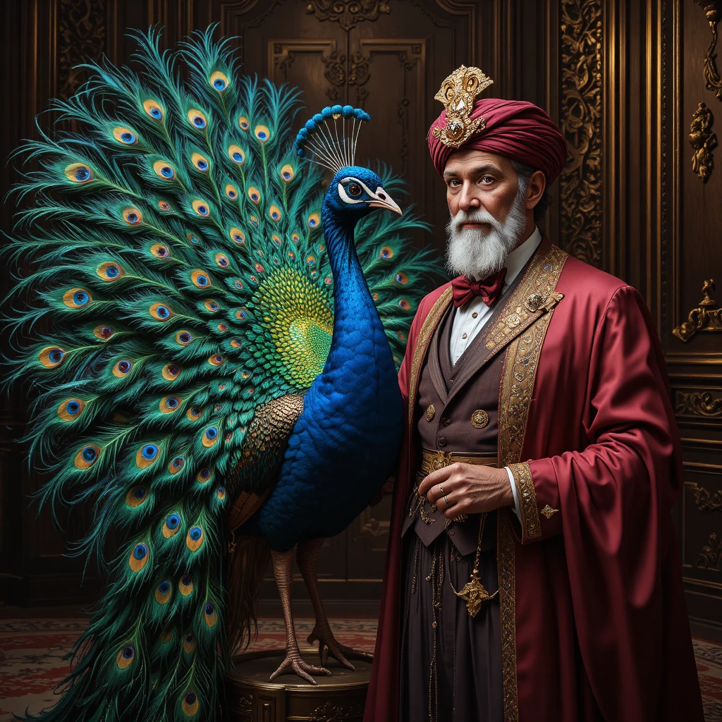 Pavão majestoso ao lado de senhor idoso em luxuoso salão de baile