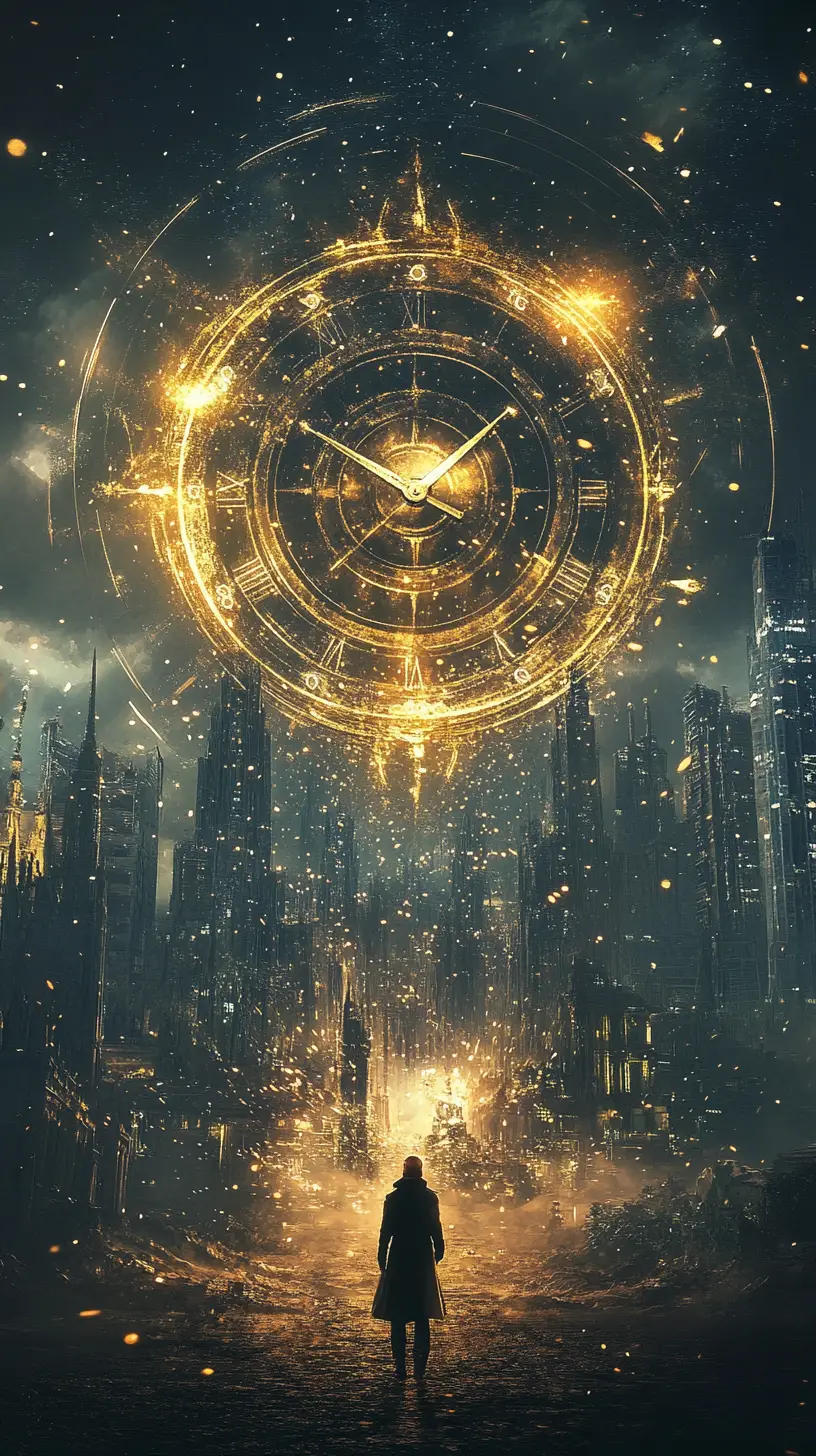 Exploding clock with golden sparks against starry night sky