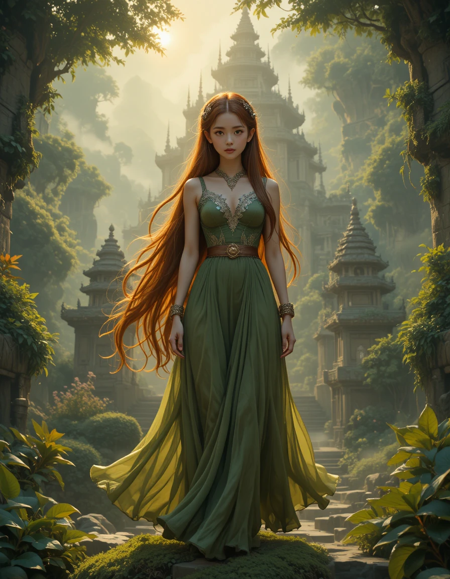 Chica de aspecto élfico en un antiguo templo de la jungla al amanecer