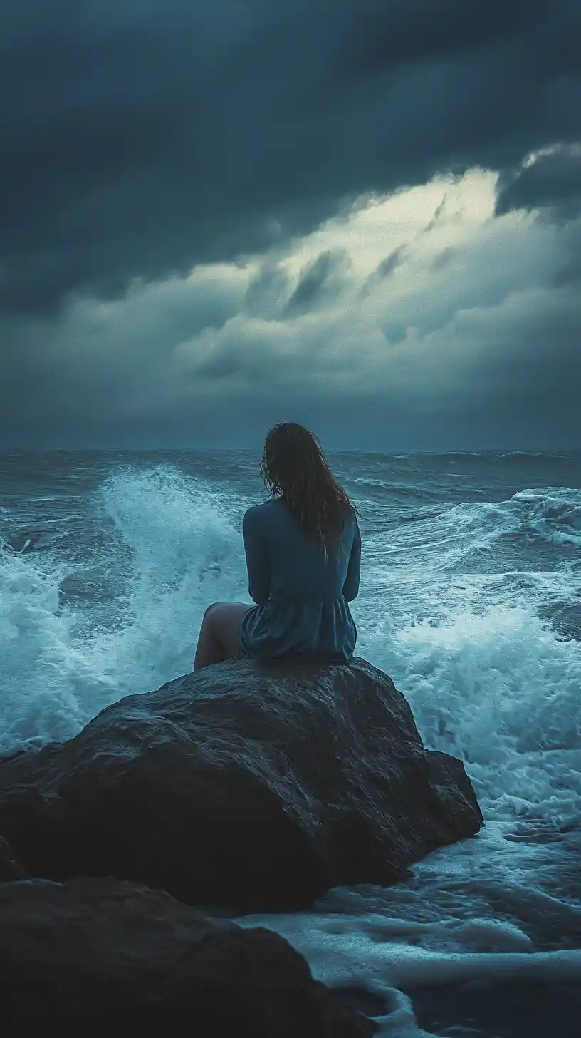 Mujer sobre una roca dentada junto al mar mirando al horizonte tormentoso