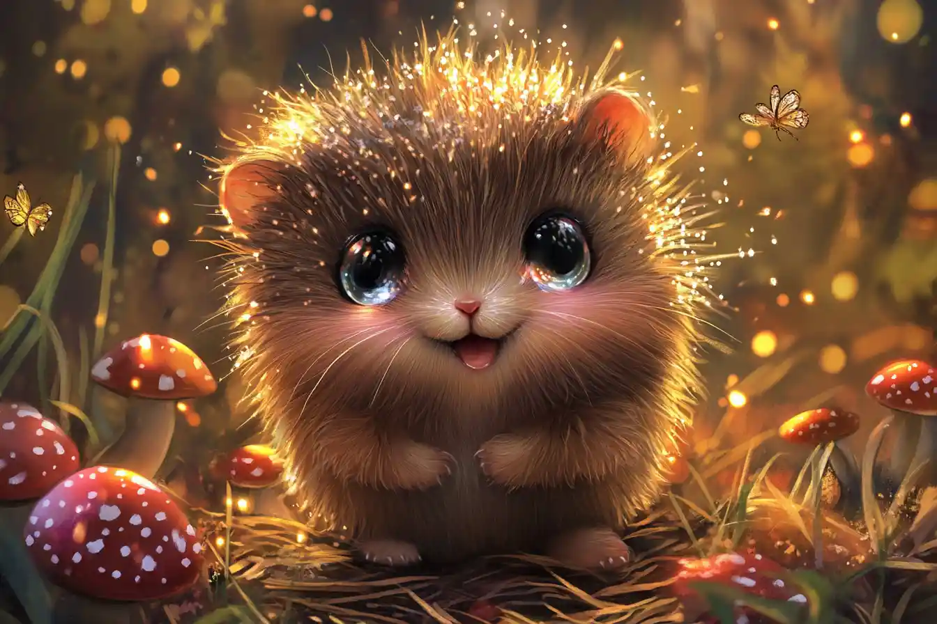 Joyful chibi pine vole in a magical autumn forest