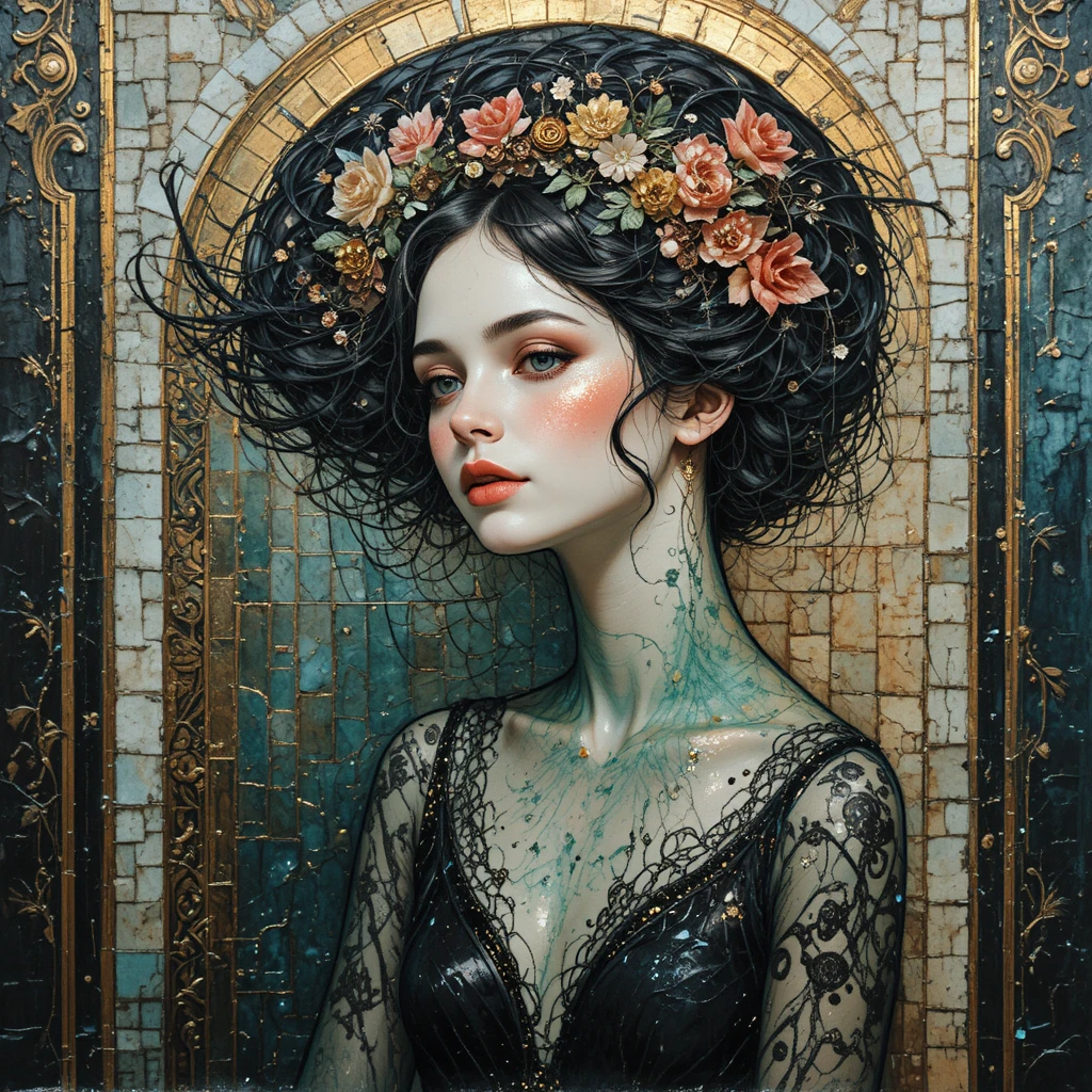 Whimsical woman portrait in metallic mixed media dreamscape