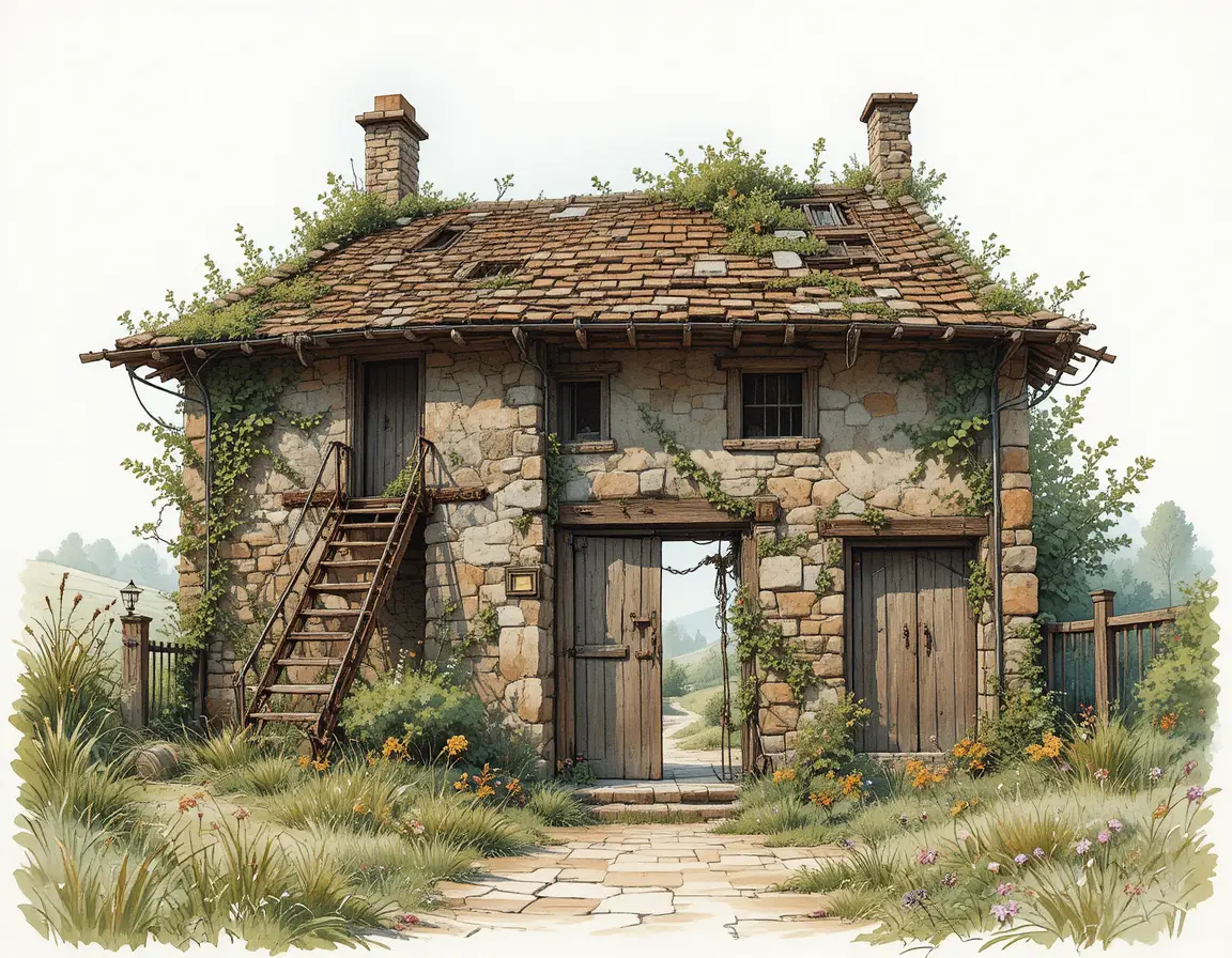 Old farmhouse rooms above ruined barn and cowshed