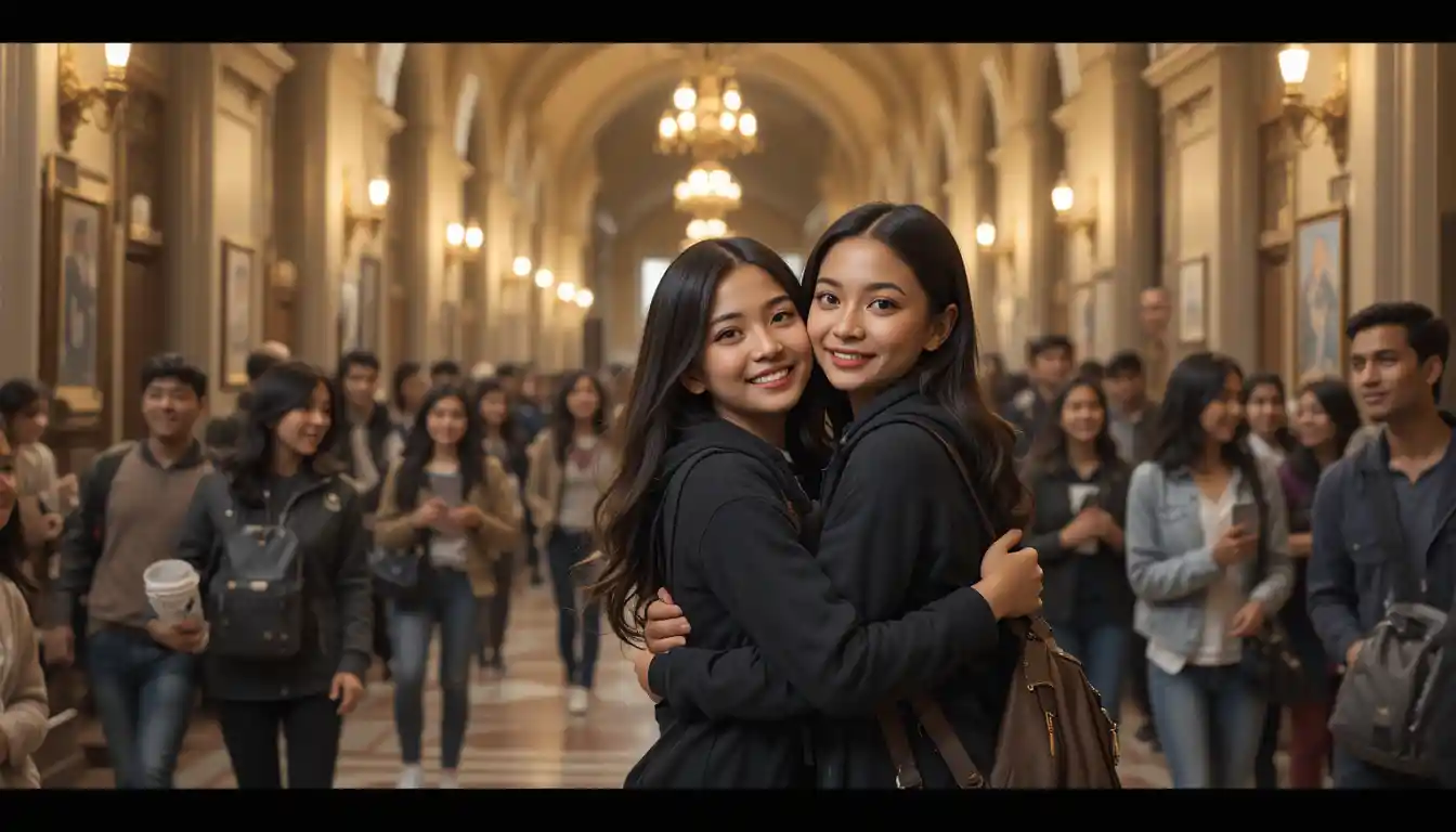 Two friends reunite in a grand college hallway