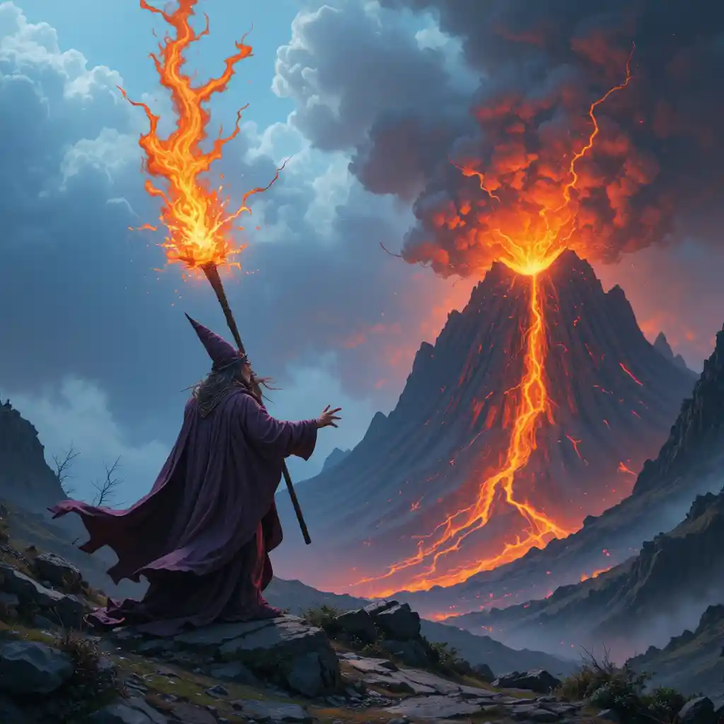 Wizard Casting Firebolt Before An Erupted Volcano