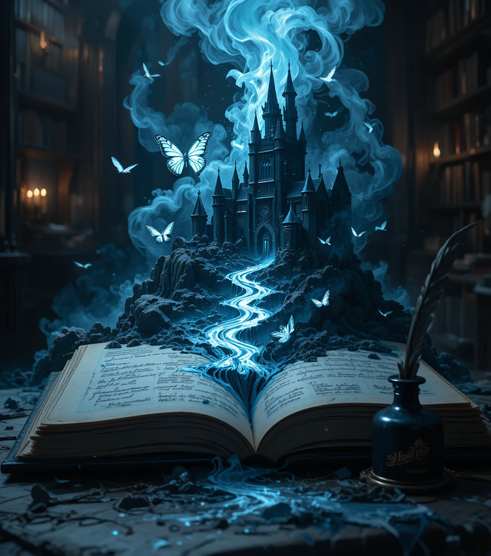 Antico libro di incantesimi che sprigiona un mondo fantasy di inchiostro al chiaro di luna