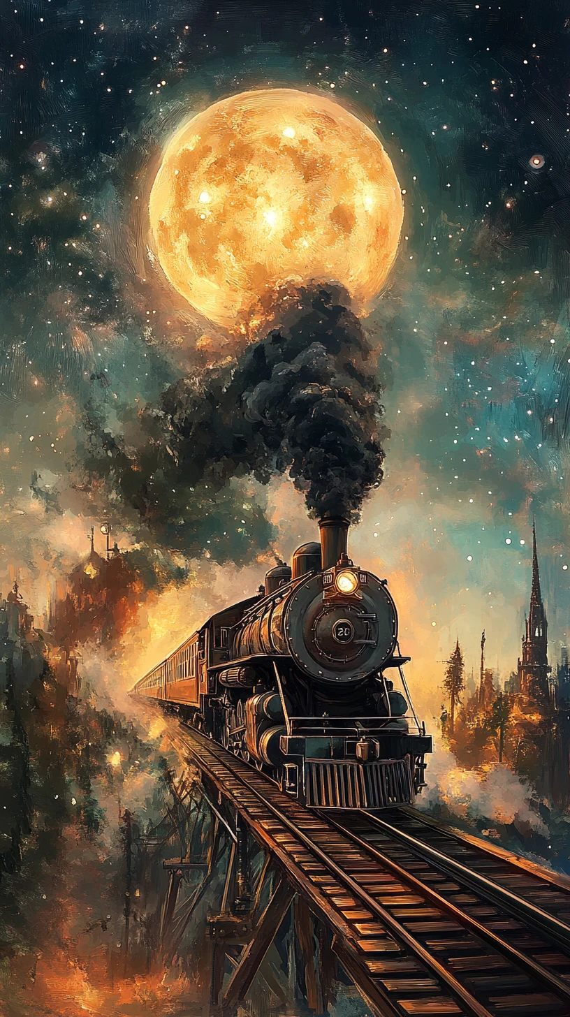 Treno a vapore surreale che corre verso un sole e una luna colossali