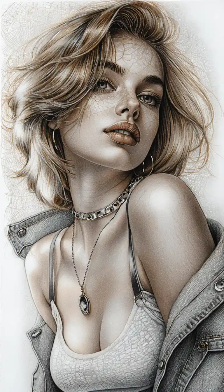 Ritratto sensuale a grafite di una giovane donna in denim e choker