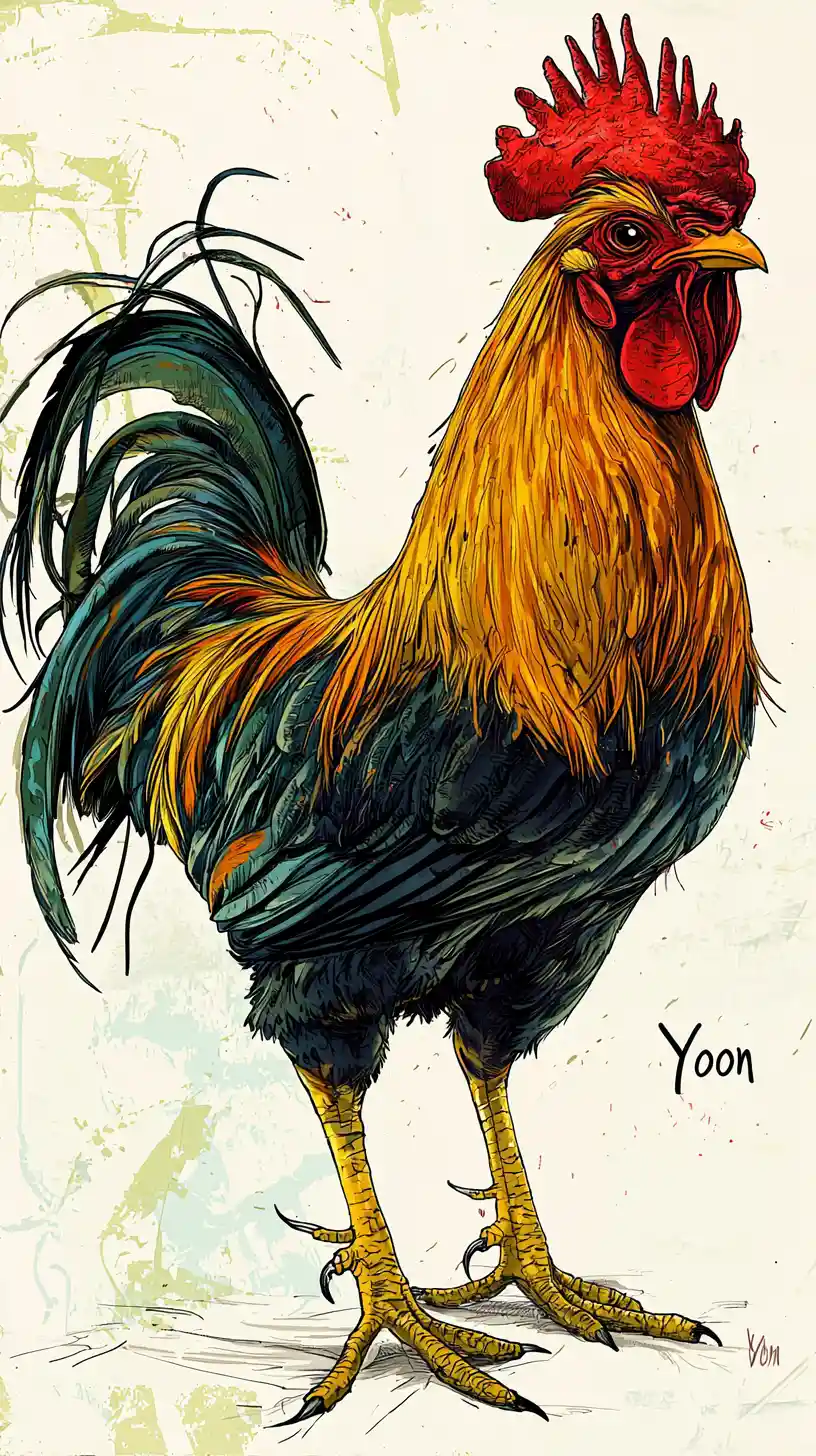 Melancholic rooster walking proudly in ink illustration style