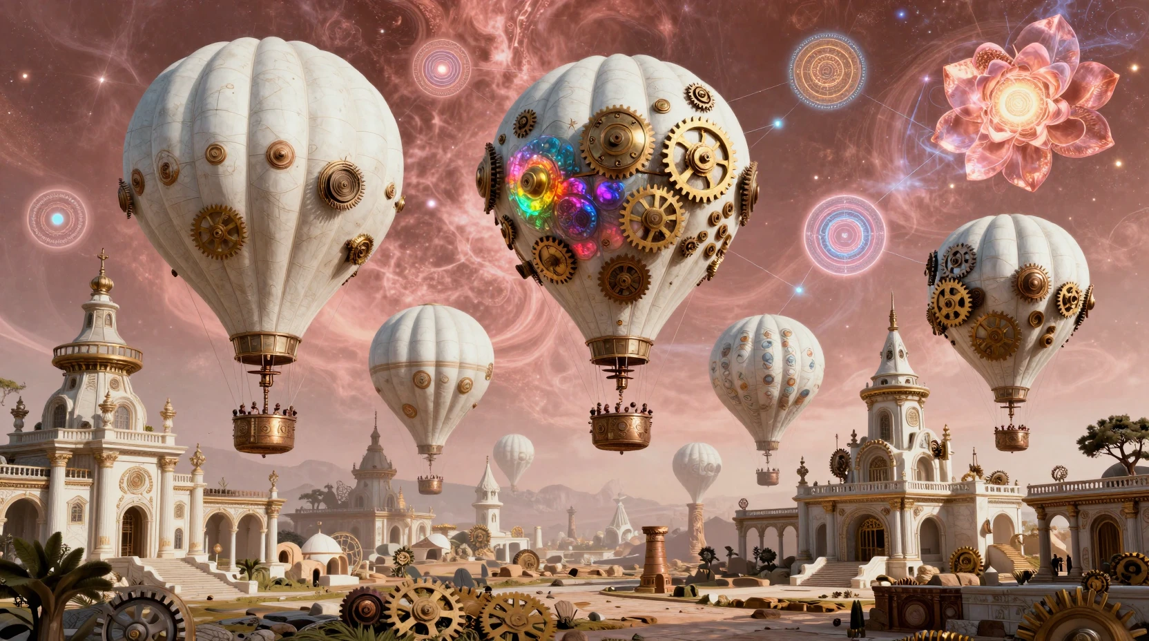 Dirigíveis steampunk brancos sobre ruínas de uma antiga cidade de fantasia