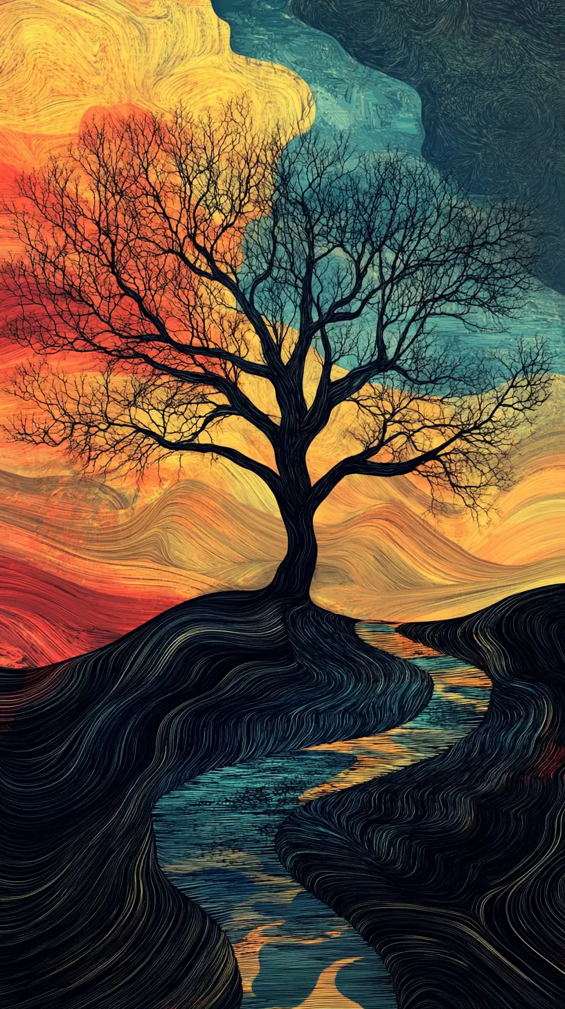Albero astratto in line art con sentiero tortuoso e figura