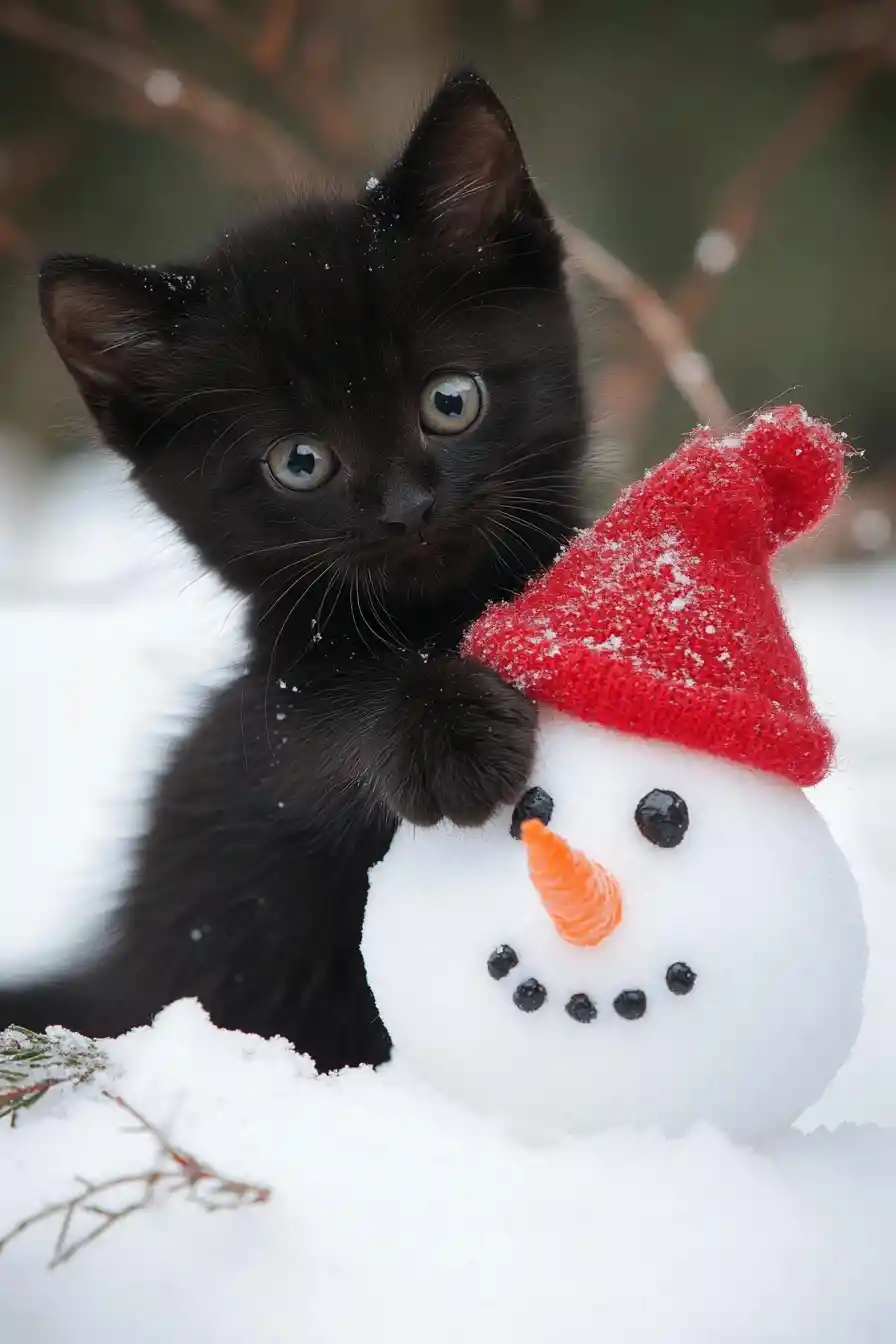 Playful black kitten staring after knocking down a snowman