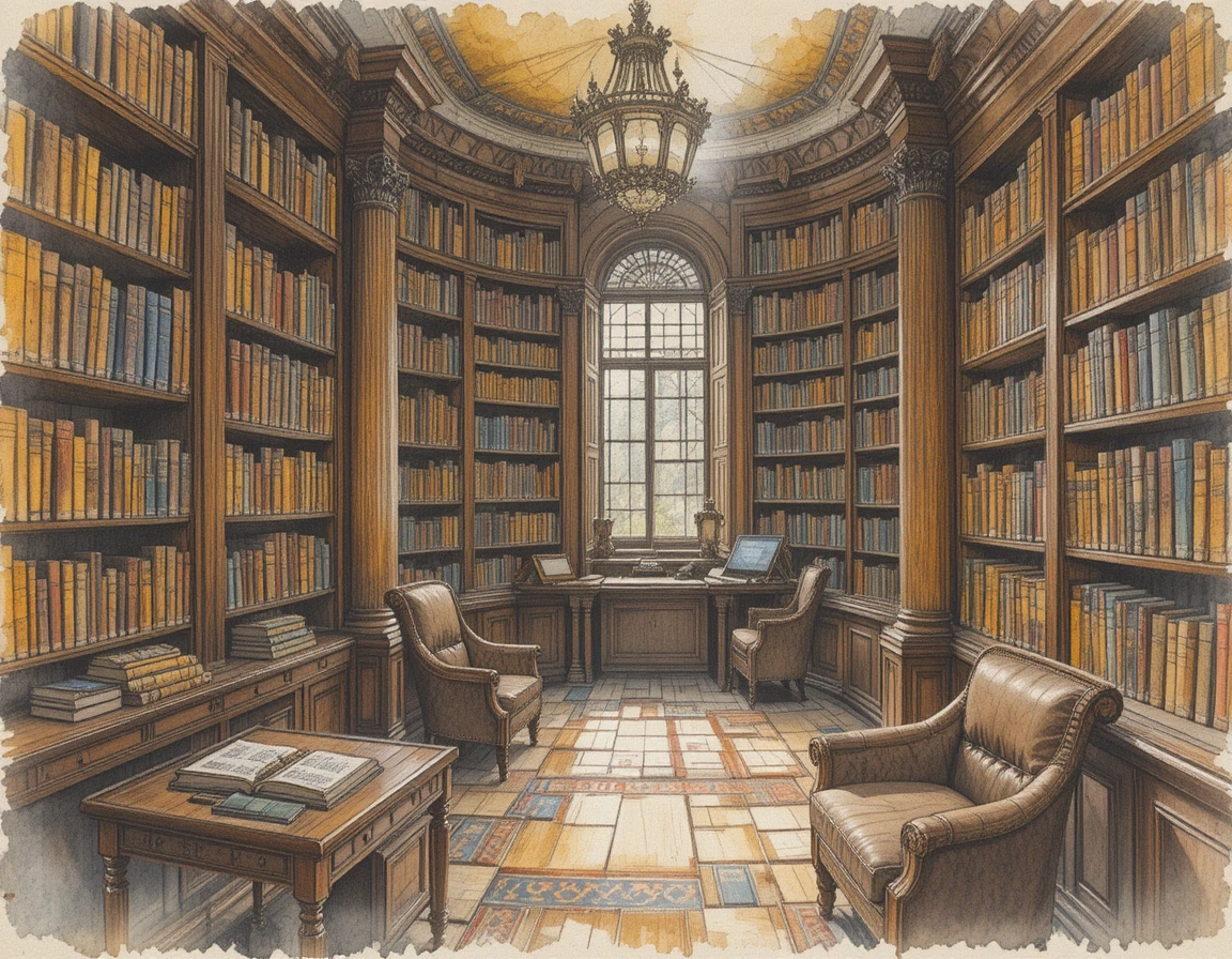 Scaffali di biblioteca vintage pieni di libri rilegati in pelle