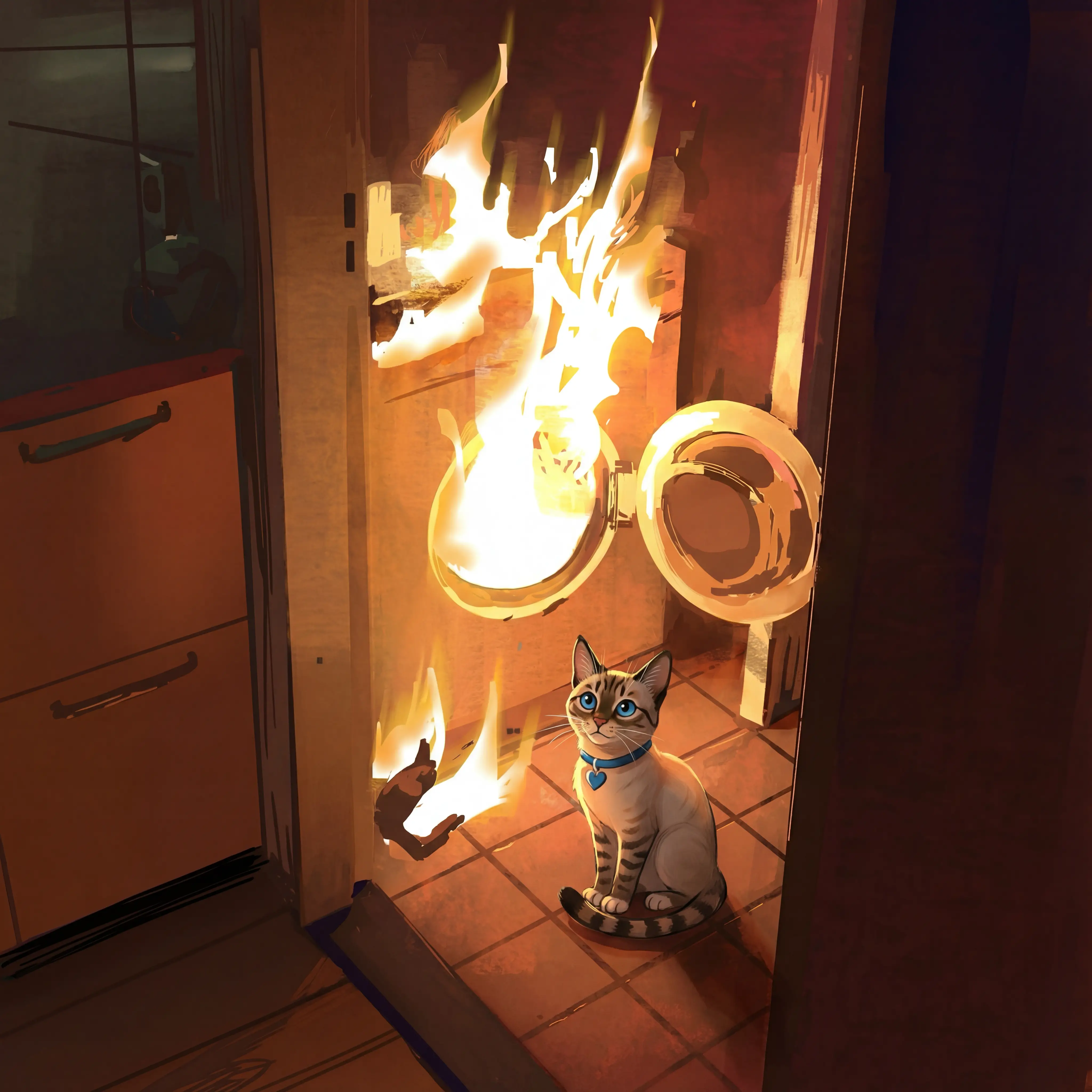 Gato realista em cena com fundo de fogo dramático