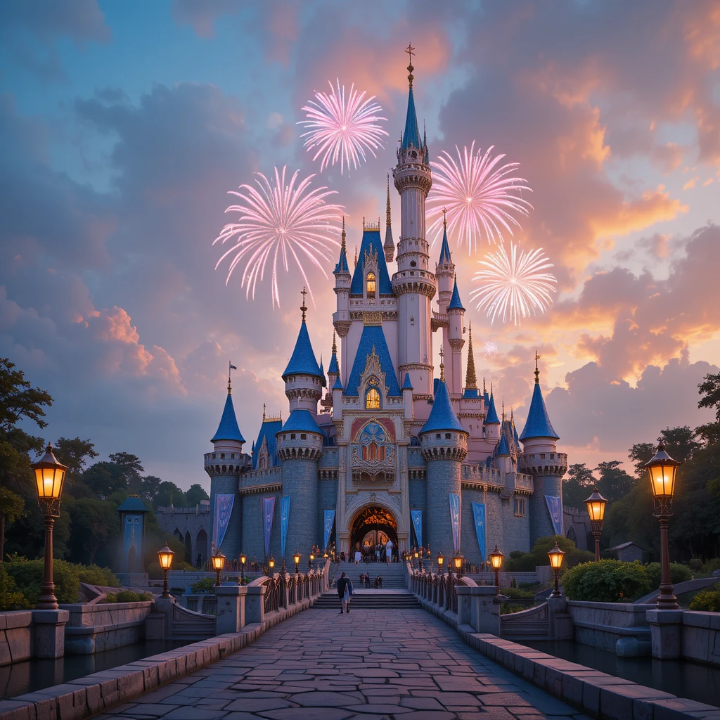 Château fantastique enchanteur illuminé à l'heure dorée