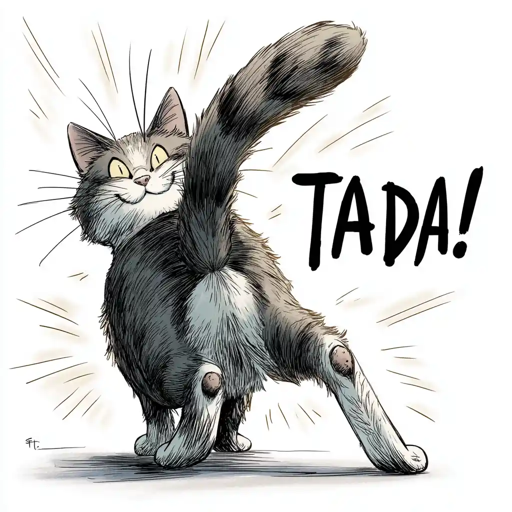 Verspielte Graphic-Novel-Katze, die stolz ihr Hinterteil zeigt